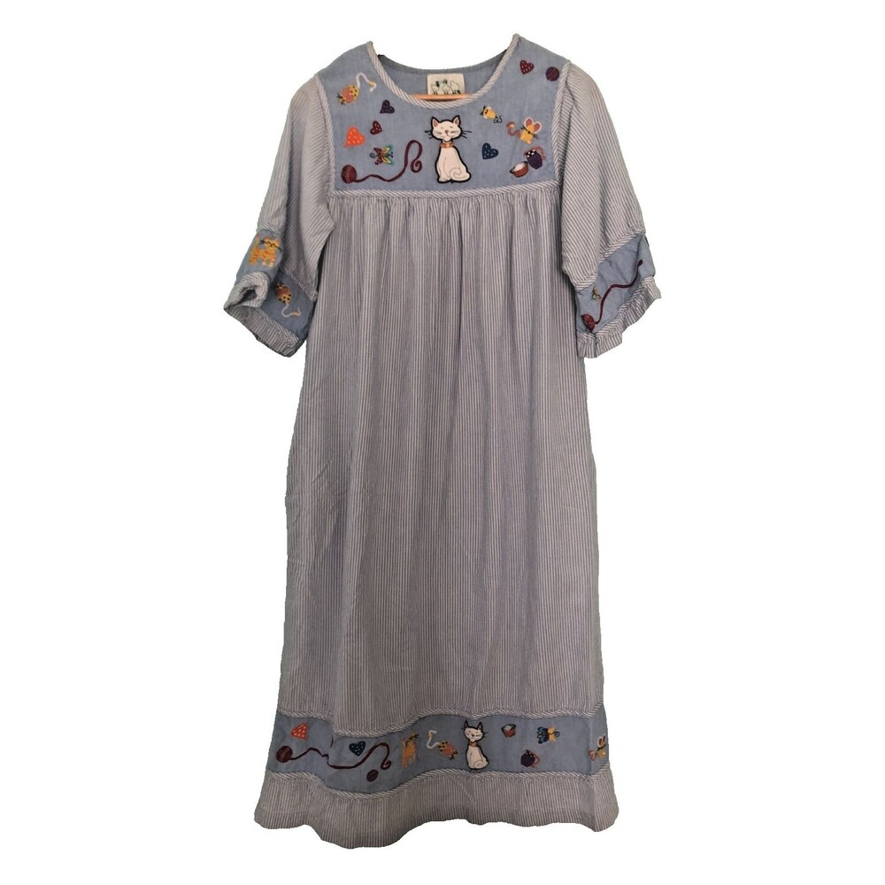 Quacker Factory House Dress Womens Blue Striped Embroidered Cat Mice Hearts